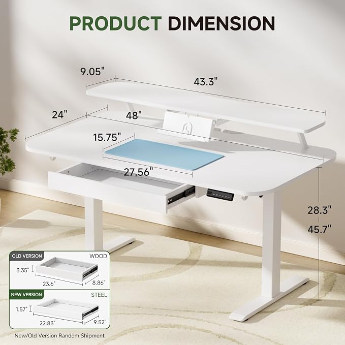 GTPLAYER Electric Standing Desk with Drawers, 48 x 24 Inches Height Adjustable Computer Desk with Monitor Stand, Laptop Stand, Sit Stand up Desk with Memory Preset for Home, Office, White