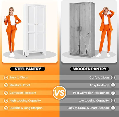 71" Tall Kitchen Cabinet Storage Unit With 2 Doors and 4 Adjustable Shelve, Metal White Freestanding Cupboard, 5 Tier Kitchen Pantry Storage Cabinet for Kitchen Dining/Living Room/Garage/Home/Office
