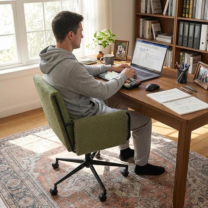 YOUNIKE Wide Seat Home Office Chair with Arms Modern Desk Chair with Wheels Fabric Vanity Chairs with Comfy Back Cross Legs Adjustable Swivel Rolling Computer Task Chair for Study Bedroom Makeup Green