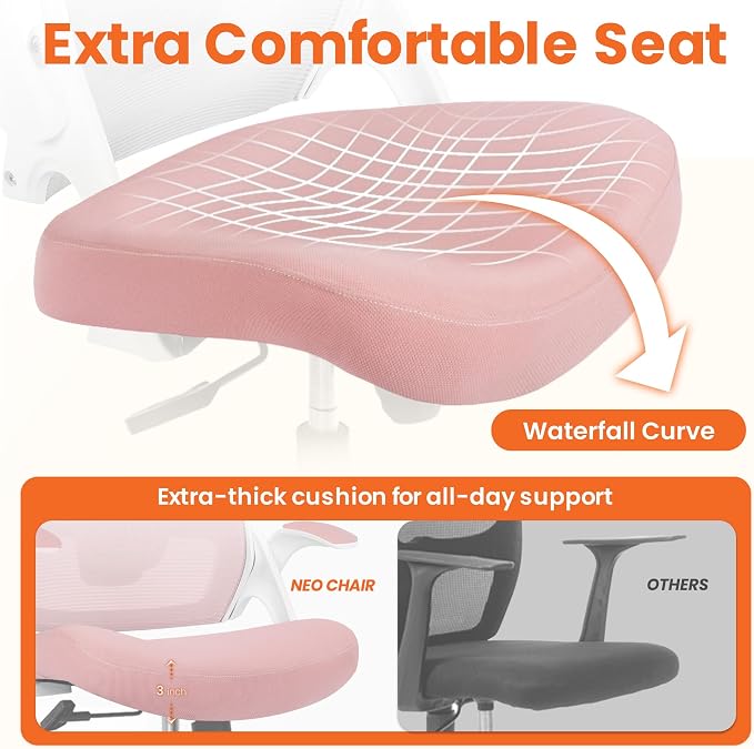NEO CHAIR Ergonomic Office Desk Chair High Back Computer Gaming Mesh Chair with Comfy Task Adjustable Arms Lumbar Support Headrest Swivel for Home Office (Pink)