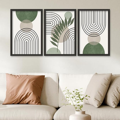 SRSZHIYUE Green Sage Boho Wall Art 16"×11" Set of 3 Abstract Framed Prints Modern Farmhouse Minimalist Geometric Line Leaf Bathroom Sign for Family Living Room Pictures Office Wall Hang Decor (Black)