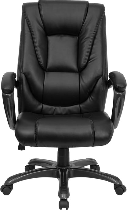 EMMA + OLIVER High Back Black LeatherSoft Layered Upholstered Executive Swivel Ergonomic Office Chair with Smoke Metal Base and Arms