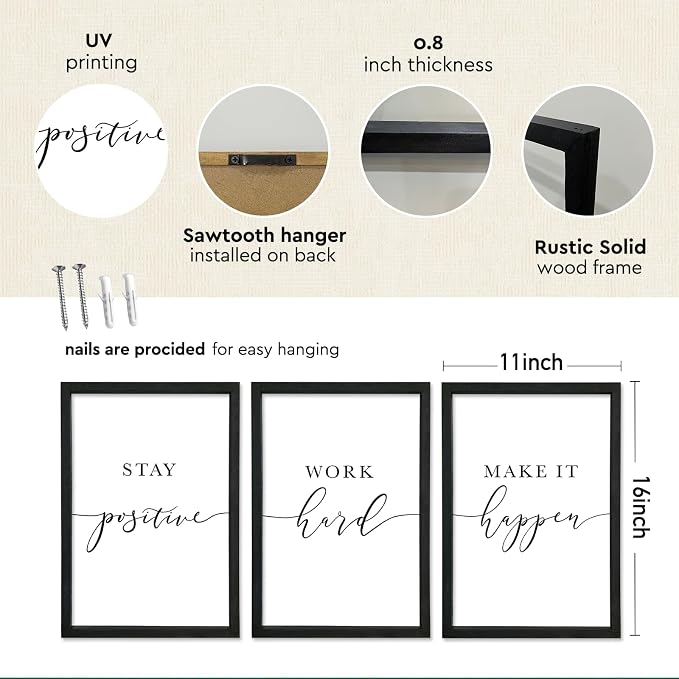 Stay Positive Work Hard Make It Happen Wall Art 11x16–3Pc Wood Frame Office | Motivational Quotes Wall Decor Inspirational Signs Black Frame Home Hanging Art