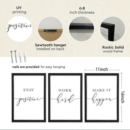 Stay Positive Work Hard Make It Happen Wall Art 11x16–3Pc Wood Frame Office | Motivational Quotes Wall Decor Inspirational Signs Black Frame Home Hanging Art