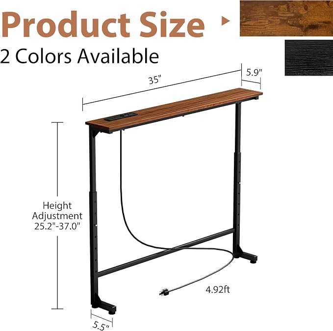 GRLEAF 35" Adjustable Height Narrow Console Table with Power Outlets, Long Sofa Table with Charging Station Behind Couch Table Skinny Entryway Table for Living Room, Hallway and Office – Rustic Brown