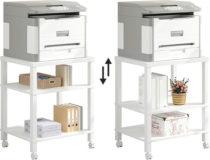 3-Tier Printer Stand with Wheels, Large Under Desk Rolling Cart for Office Storage, Heavy Duty Machine Stand with Adjustable Shelf, 22.04"x17.71"x26.54", White