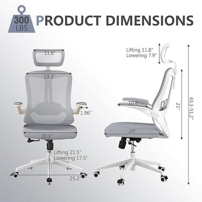 300 LBS Ergonomic Office Computer Mesh Chair - Adjustable Height Rolling Desk Chair with Flip-Up Armrests & High Back Support - Comfortable Swivel Task Chair for Home Office