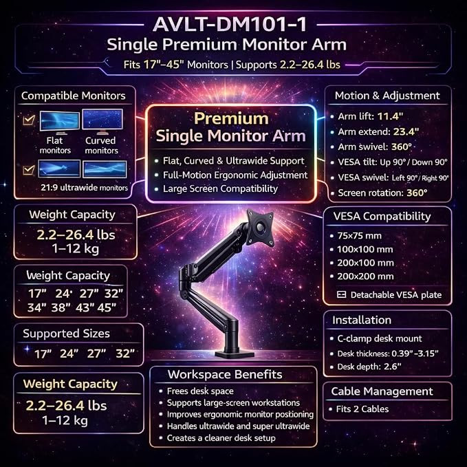 AVLT Single 17"-45" Monitor Arm Desk Mount Premium Mechanical Spring fits One Flat/Curved/Ultrawide Monitor Full Motion Height Swivel Tilt Rotation Adjustable, Black