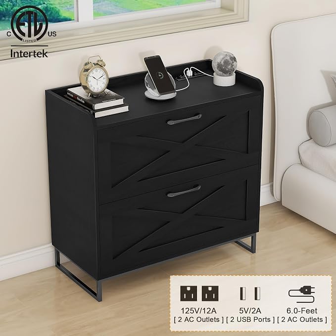 2 Drawer Lateral File Cabinet, Filing Cabinet with Charging Station for Letter/Legal/A4 Size Hanging Files, Modern Farmhouse File Storage Cabinet for Home Office, Printer Stand with Storage, Black