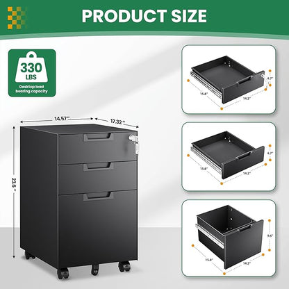 3-Drawer File Cabinet with Lock, Under Desk Rolling Filing Cabinet for Legal/Letter/A4 File Folder, Printer Stand, Metal Storage Cabinet on Wheels for Home Office(Fully Assembled，Black)