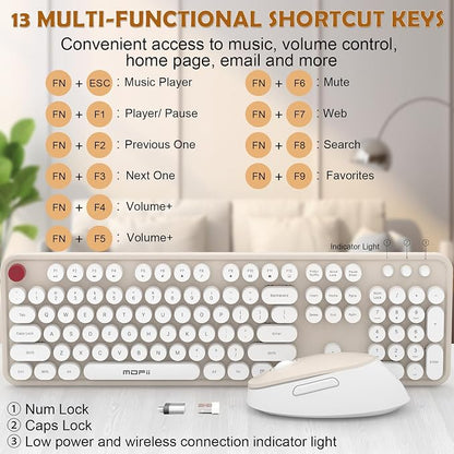 Cream Wireless Keyboard Mouse, COOFUN 104 Keys Full Size White Keyboard Ergonomic Cordless Keyboards Cute Colorful Retro Typewriter Key Board for Windows, PC, Laptop, Desktop (Creamy)