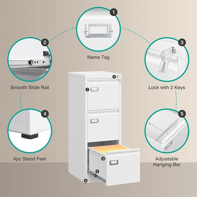 SISESOL 3 Drawer File Cabinet with Lock and Tag,Narrow Three Drawer Filing Cabinet,Vertical Metal File Cabinets,Small White Filing Cabinets for Home Office Fit Letter/A4/Legal Size File,Easy Assembly