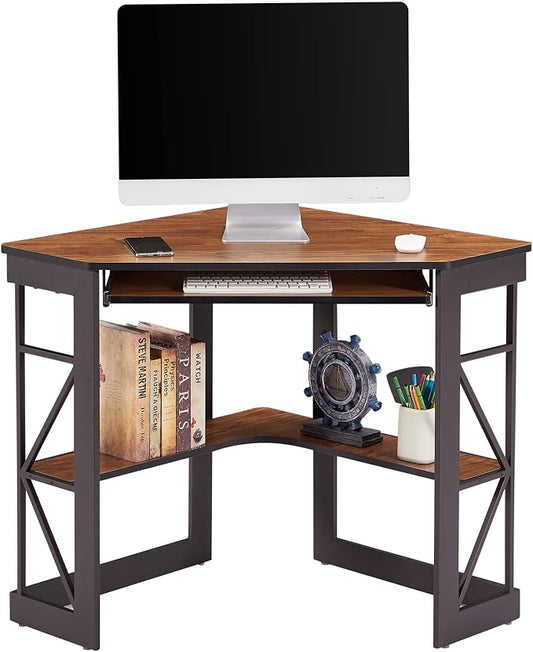 VECELO Corner Desk Computer Desk Writing Table with Smooth Keyboard Tray&Storage Shelves for Small Spaces/Compact Home Office Triangle Table,Teak Brown