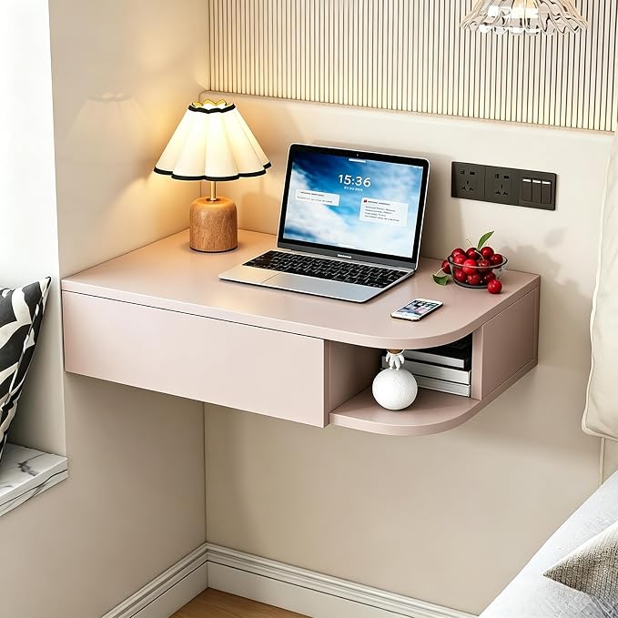 Corner Floating Desk with Drawer, Wall Mounted Desk with Open Shelving, Floating Makeup Vanity with Storage, Scratch-Resistant, Space Saving, for Bedroom Living Room Small Spaces Apartment