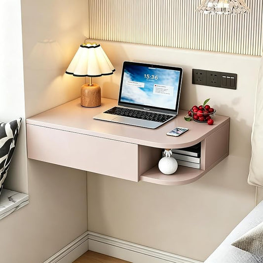 Corner Floating Desk with Drawer, Wall Mounted Desk with Open Shelving, Floating Makeup Vanity with Storage, Scratch-Resistant, Space Saving, for Bedroom Living Room Small Spaces Apartment