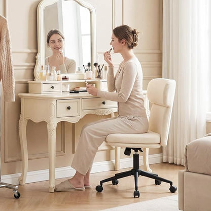 Furniliving Armless Office Chair, Upholstered Chenille Desk Chair with Wheels, Adjustable Swivel Computer Vanity Chair with Double-Layer Cushion, Beige