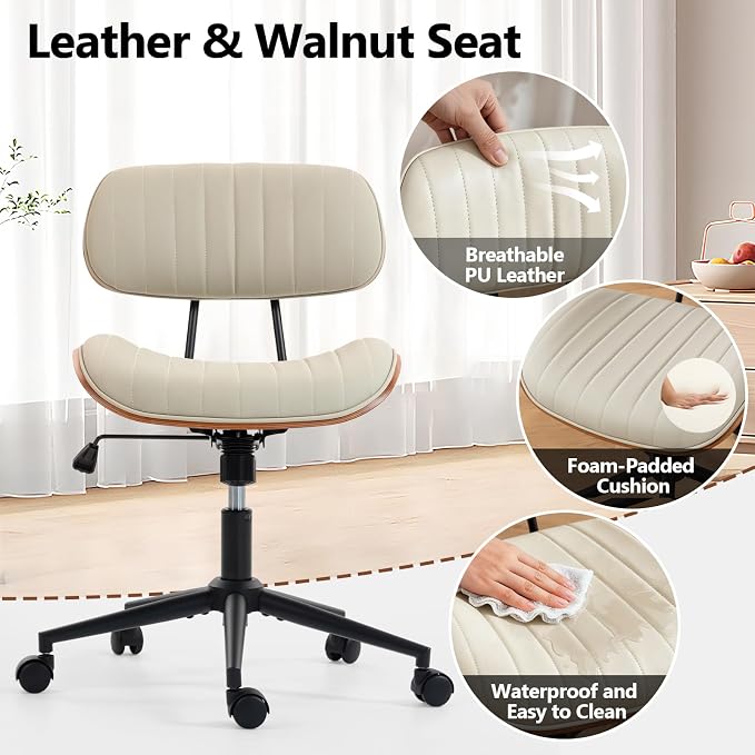 Home Office Chair with Wheels, Adjustable Height Leather Swivel Desk Computer Chair, Armless Modern Walnut Chair for Office, Meeting Room, White