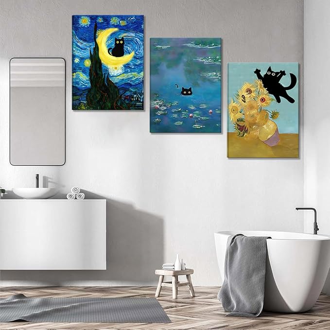 Funny Black Cat Wall Art Monet Cat in Water Lilies Canvas Wall Decor Van Gogh Starry Night Sunflower Aesthetic Pictures Paintings Prints for Bedroom Living Room Bathroom 16x24 in Framed