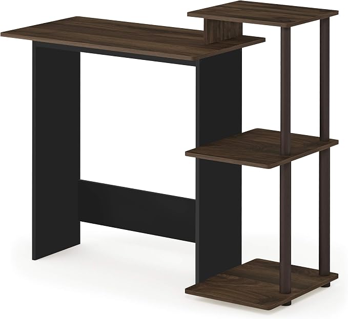Furinno Efficient 29-Inch Brown Computer Desk, Office Desk with 3 Side Shelves, Rectangular Home Office Desk, Gaming Desk for Home Office, Bedroom, Study Room, Brown Walnut