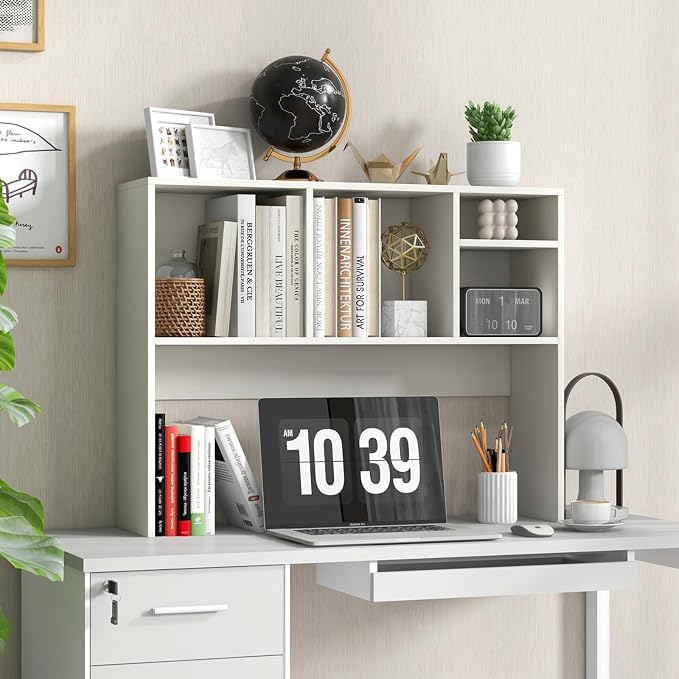 GOFLAME 4 Cubes Desktop Bookshelf, 37” Tabletop Wood Desk Shelf for Computer Monitor, Modern Countertop Desk Display Hutch Storage Organizer Shelf for Home Office, Dorm, Study, White