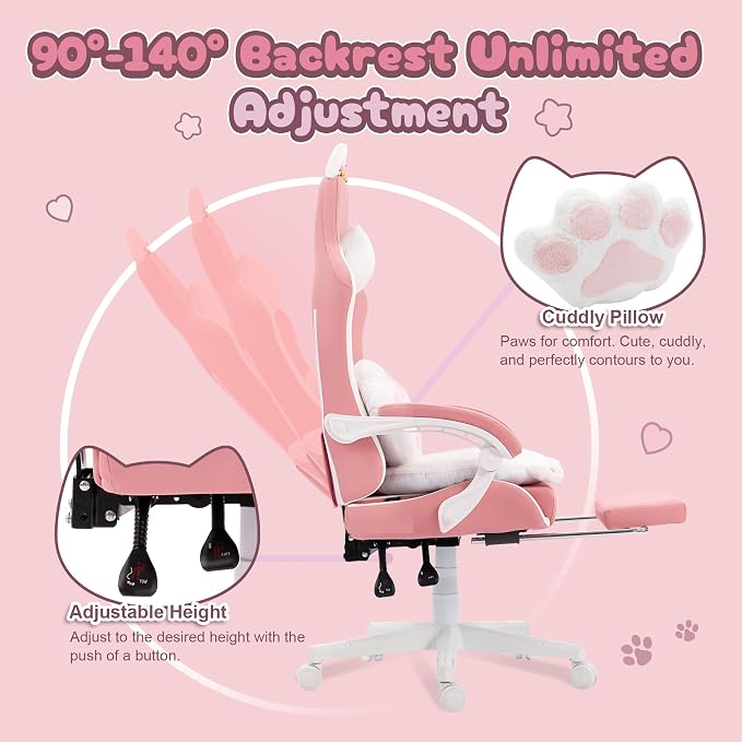 Dowinx Pink Gaming Chair with Cat Ears and Massage Lumbar Support, Ergonomic Computer Chair with Footrest and Headrest, Comfortable Reclining Game Chair 290lbs for Adults, Pink