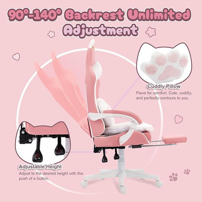 Dowinx Pink Gaming Chair with Cat Ears and Massage Lumbar Support, Ergonomic Computer Chair with Footrest and Headrest, Comfortable Reclining Game Chair 290lbs for Adults, Pink