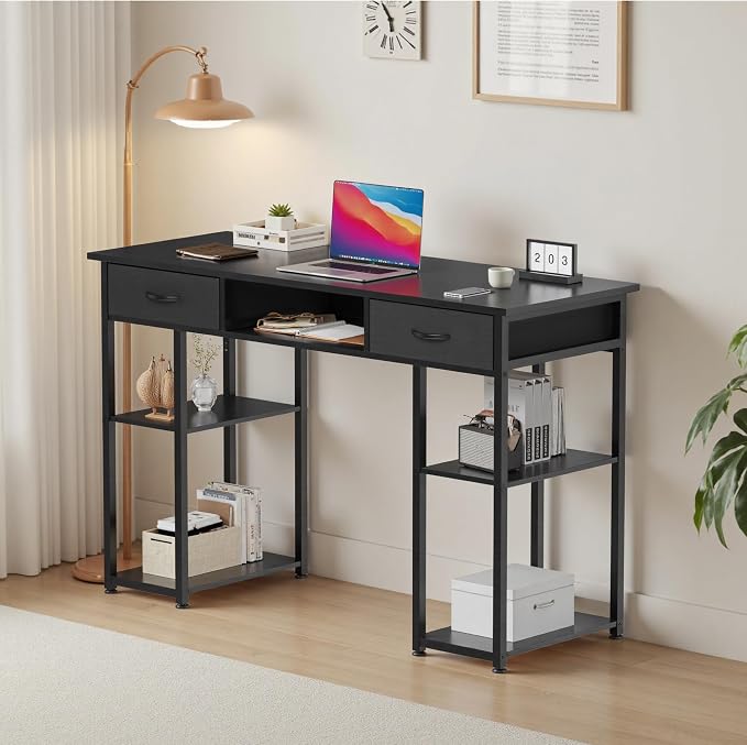 OLIXIS 48 Inch Desk with Storage Fabric Drawers, Home Office Computer Desk for Small Space Bedroom, Modern Study Work Gaming Writing PC Table, Finish for Compact Rooms, Black