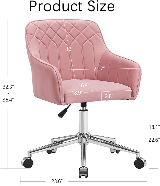 VECELO Modern Velvet Swivel Home Office Desk Chair with Back & Rolling Wheels, Adjustable Seat Height for Girls Women Bed Room Vanity Makeup/Task/Computer Work, Pink
