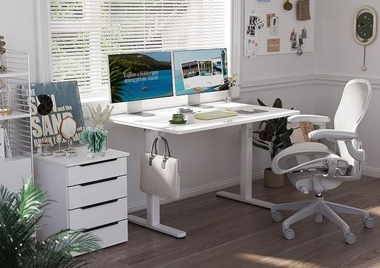 Claiks White Glass Standing Desk, 55x24 Inch Adjustable Height Electric Stand Up Desk, Quick Install Home Office Computer Desk, Super White