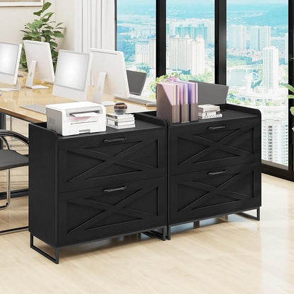 Halitaa Lateral File Cabinet with Charging Station, 2 Drawer File Cabinet for Letter/Legal/A4 Size Hanging Files, Large Wood File Storage Cabinets Printer Stand for Home Office, Black