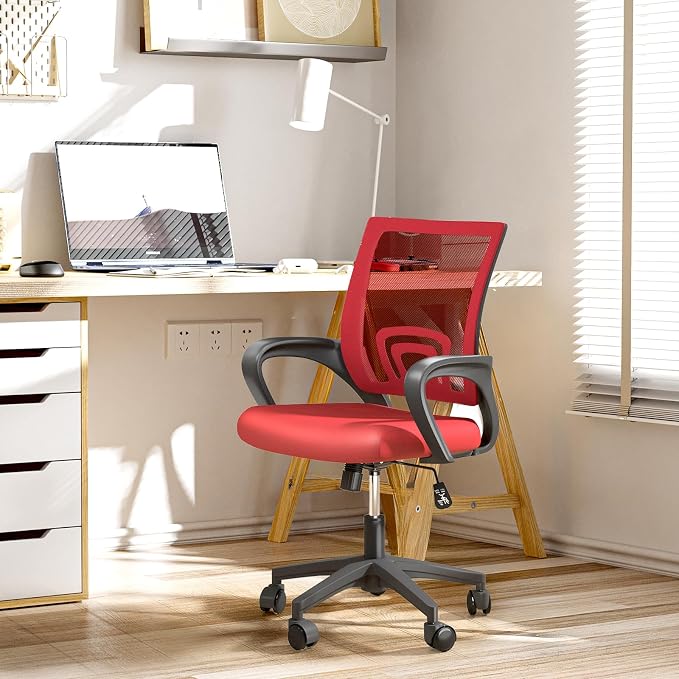 Office Chair, Ergonomic Mid-Back Mesh Desk Chair with Lumbar Support, Adjustable Height Computer Chair with Rolling Wheels Design,Comfy Armrest for Work, Study, Gaming, 8 Pack, Red