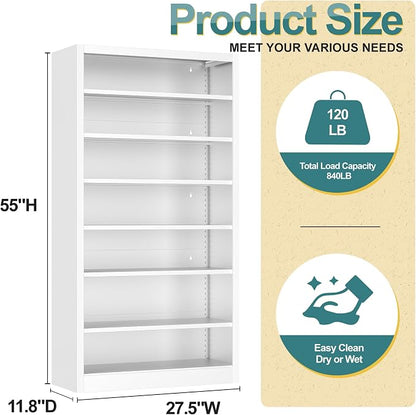 Bookcase,7 Tier Bookshelf,55" Tall Free Standing Metal Bookcase with Adjustable Storage Shelves,Wide Bookshelf for Bedroom Living Room Home Office School (White, 7 Tier 55"H x 27.5"W x 11.8"D)