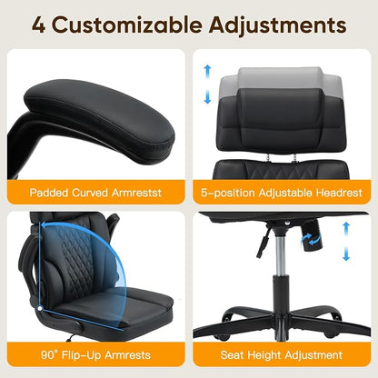 ECOTOUGE Executive Office Chair, Ergonomic Big and Tall Desk Chair with Adjustable Headrest,High PU Leather Comfy Heavy Duty Computer Chair with Padded Flip-up Arm, Black
