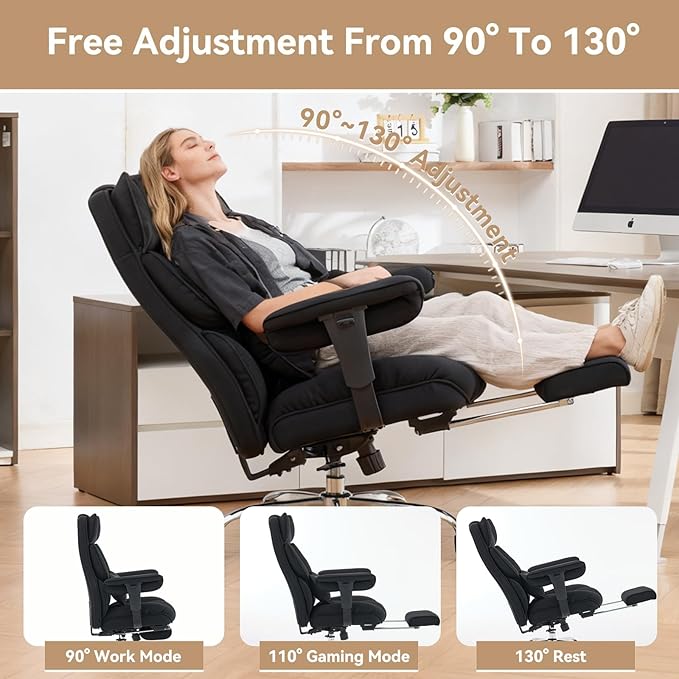 Efomao Executive Office Chair, Mesh Black Fabric Big and Tall Desk Chair | Breathable fabric, pocket spring & foam seat, retractable footrest, 135° recline for computer gaming setup