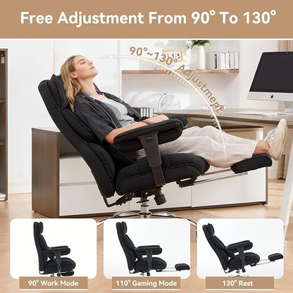 Efomao Executive Office Chair, Mesh Black Fabric Big and Tall Desk Chair | Breathable fabric, pocket spring & foam seat, retractable footrest, 135° recline for computer gaming setup