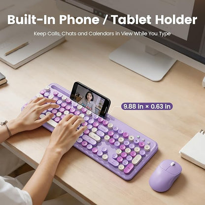Wireless Keyboard and Mouse Combo, Retro Round Keycaps, Full-Size Stylish Typewriter Keyboard with Large Phone/Tablet Holder, 3-Level DPI Ergonomic Mouse, 2.4GHz Cordless for Windows PC, Lavender Mist