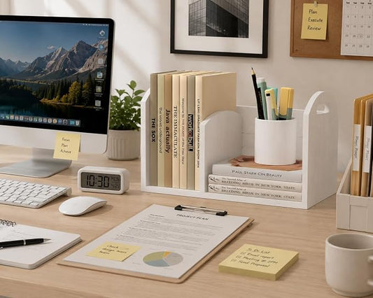 Wood Desktop Bookshelf, Upright Tabletop Book Shelf With Adjustable Divider Secure Books in Place, Desk Shelf for Top of Desk in Living Room Home Office, Perfect for Books Magazine File (White)
