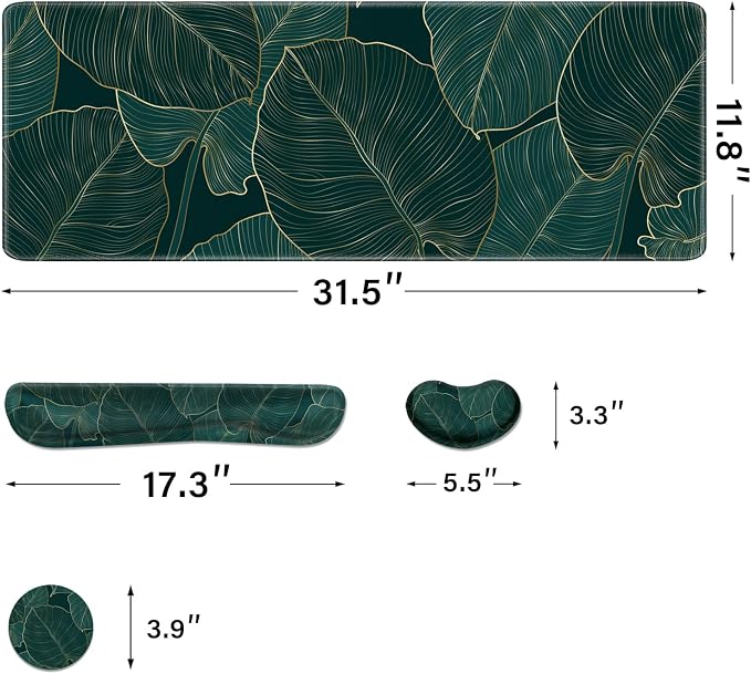 Desk Pad and Keyboard Wrist Rest, Large Mouse Pad + Keyboard Pad+Mouse Wrist Support, Non-Slip Desk Mat Protector for Office, Home 31.5×11.8 Inches Plant Leaves