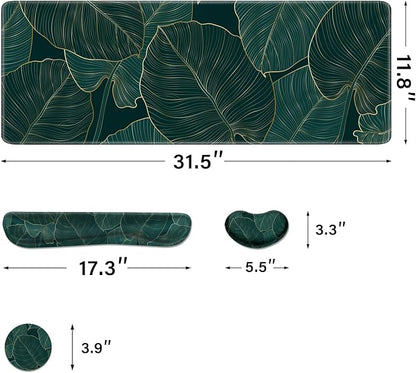 Desk Pad and Keyboard Wrist Rest, Large Mouse Pad + Keyboard Pad+Mouse Wrist Support, Non-Slip Desk Mat Protector for Office, Home 31.5×11.8 Inches Plant Leaves