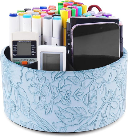 Remote Control Holder, 360°Spinning PU Leather Desk TV Remote Caddy,Desk Storage Box Room Accessories for Controller, Media,Mail,Calculator, Mobile Phone,Pencil(1-Carved Blue)