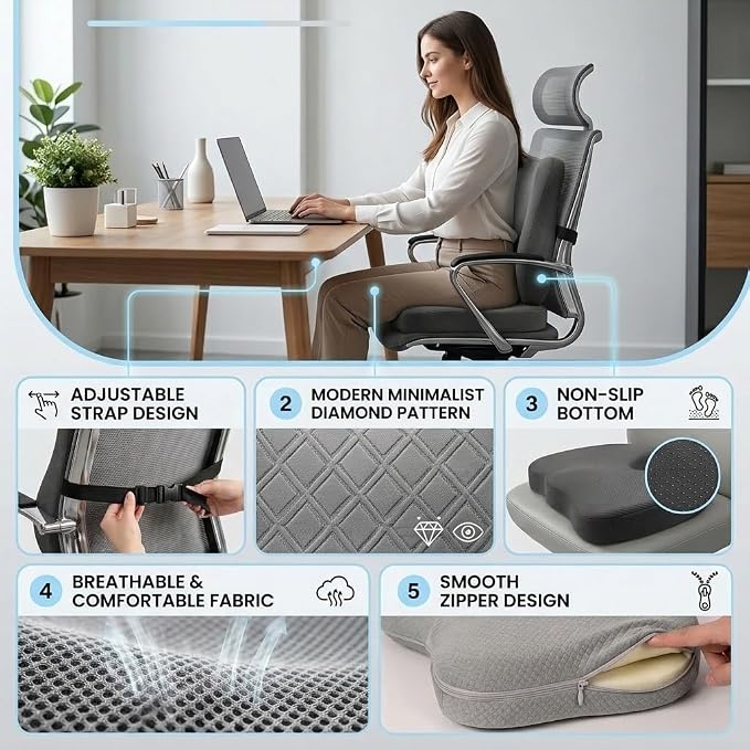 Lumbar Support Pillow & Seat Cushion for Office Chairs with Adjustable Strap, Memory Foam Back Support for Office Desk Chair Cushion, Chair Seat Cushions for Car, Travel and Wheelchair (Grey)