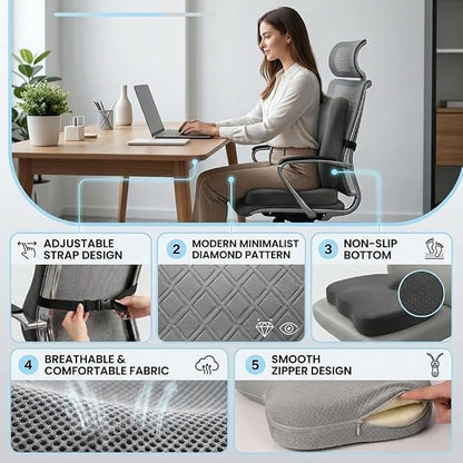 Lumbar Support Pillow & Seat Cushion for Office Chairs with Adjustable Strap, Memory Foam Back Support for Office Desk Chair Cushion, Chair Seat Cushions for Car, Travel and Wheelchair (Grey)