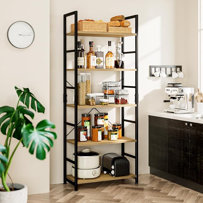 NUMENN 5 Tier Bookshelf, Tall Bookcase Shelf Storage Organizer, Modern Book Shelf for Bedroom, Living Room and Home Office, Natural