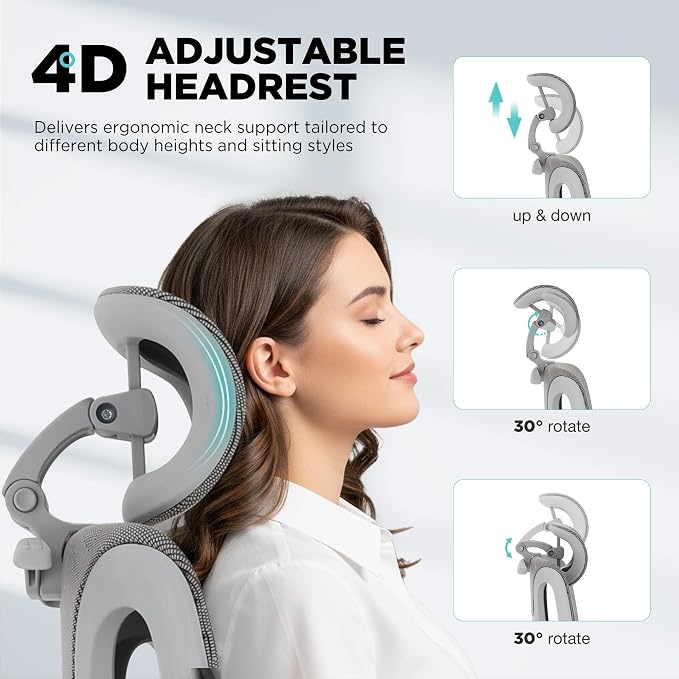 Ergonomic Office Chair with 3-Zone Dynamic Lumbar Support, Big and Tall Office Chair with Footrest, Adjustable Seat Depth,4D Headrest,6D Armrests, Swivel Executive Chair for Home Office,Grey