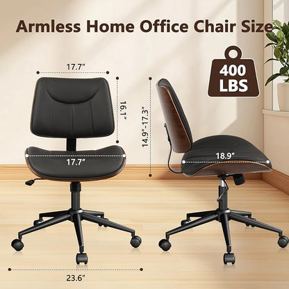 CLATINA Office Chair Armless with Wheels, Mid-Century Modern Walnut Desk Chair, Adjustable Height Reading Chair, PU Leather Mid Back & Swivel Computer Chairs for Home Meeting Room Bedroom, Black(2 PK)