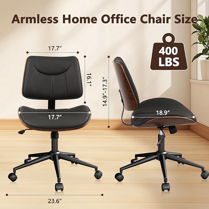 CLATINA Office Chair Armless with Wheels, Mid-Century Modern Walnut Desk Chair, Adjustable Height Reading Chair, PU Leather Mid Back & Swivel Computer Chairs for Home Meeting Room Bedroom, Black(1 PK)