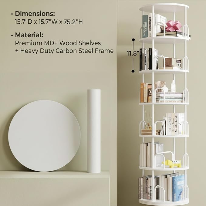 6 Tier Rotating Bookshelf Tower, Standing Tall Corner Wood, White Metal Modern Book Shelf Organizer Retro Vintage Rustic Modern Large Bookshelf Book Display Furniture for Your Home, Office, Kids