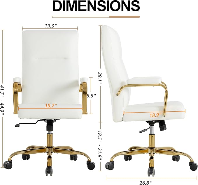 White and Gold Office Desk Chair,Leather Conference Room Chairs with Wheels,Modern High Back Executive Office Chair with Memory Foam,Ergonomic Swivel Computer Chair for Home Office