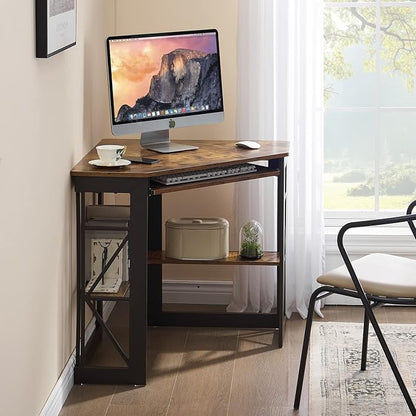 VECELO Corner Desk Computer Desk Writing Table with Smooth Keyboard Tray & Storage Shelves,Compact Home Office Triangle Table,Antique Brown