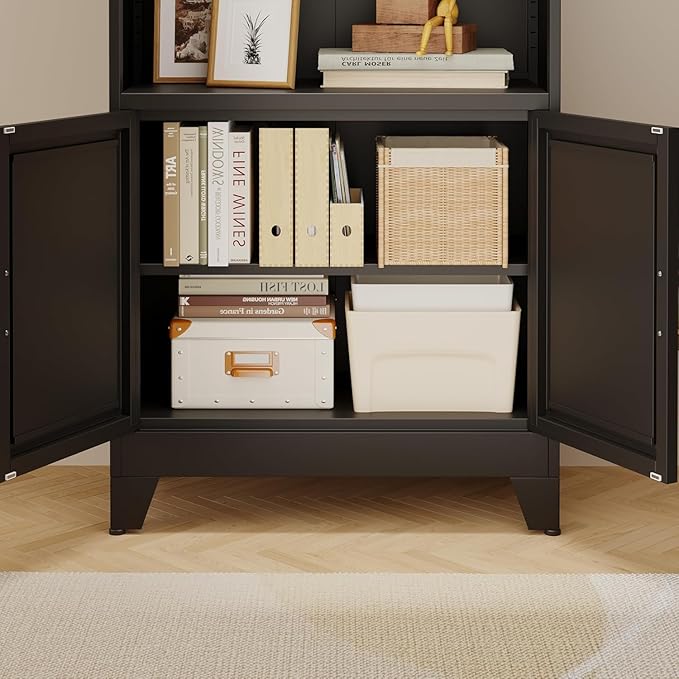 erosoei 71" H Tall Metal Bookcases and Bookshelves with 2 Doors and Adjustable Shelves，Tall Storage Cabinet Industrial Bookshelf 6-Tier Open Display Shelf，Decor Furniture for Living Room, Bedroom